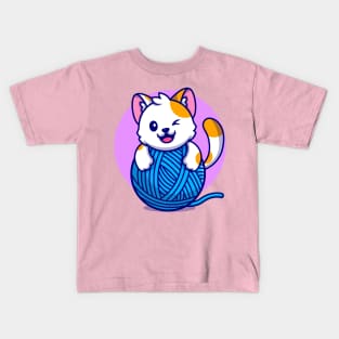 Cute Cat Playing Yarn Ball Cartoon Kids T-Shirt